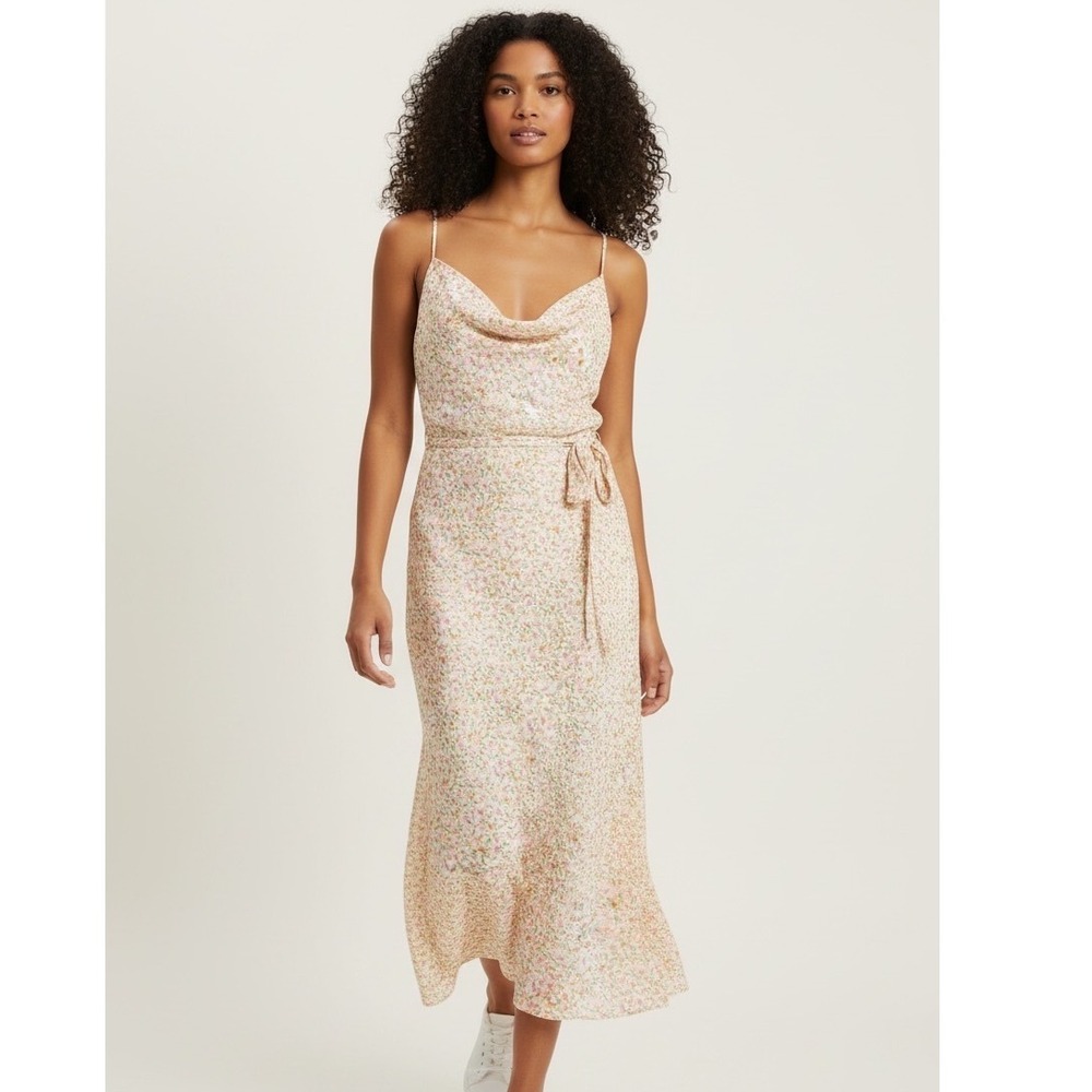 Audrey 3+1 Ditsy Floral Cowlneck Tie Waist Feminine Dainty Cute Midi Dress - L